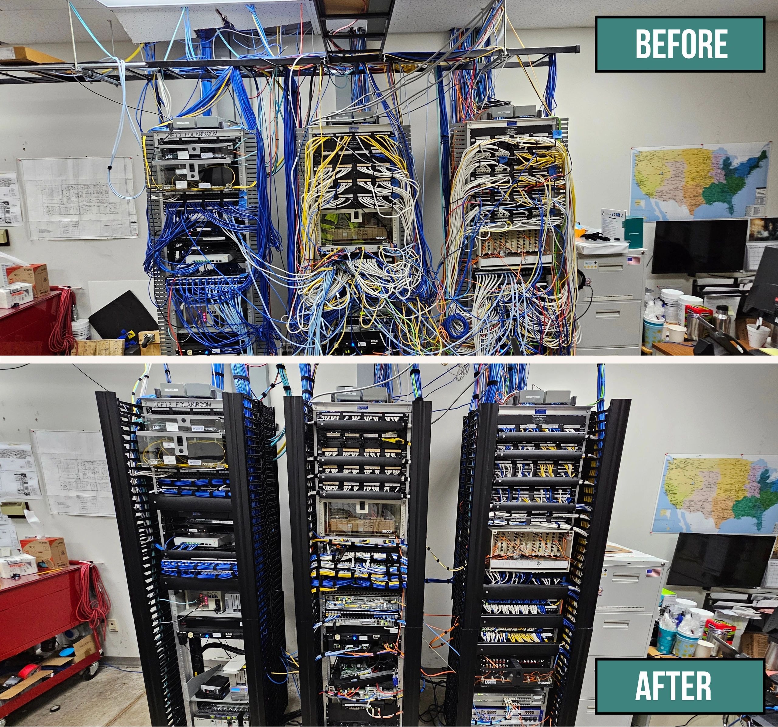 MDF cabling before and after remediation at Jonesboro